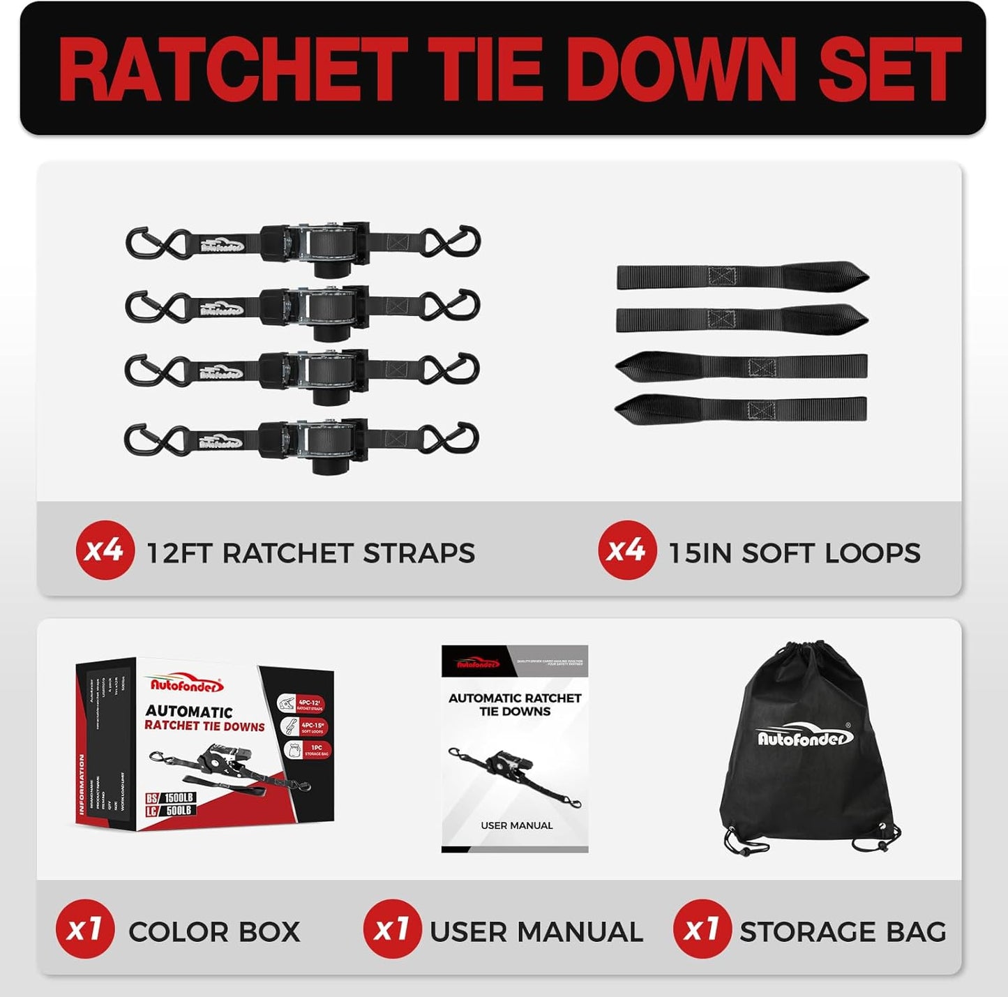 1 Inch x 12 Feet Retractable Ratchet Straps with Soft Loops