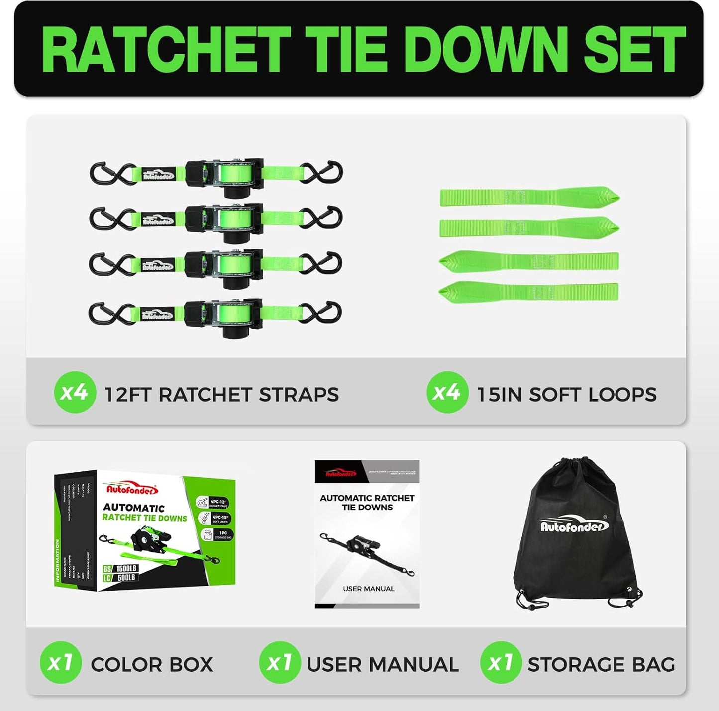 1 Inch x 12 Feet Retractable Ratchet Straps with Soft Loops
