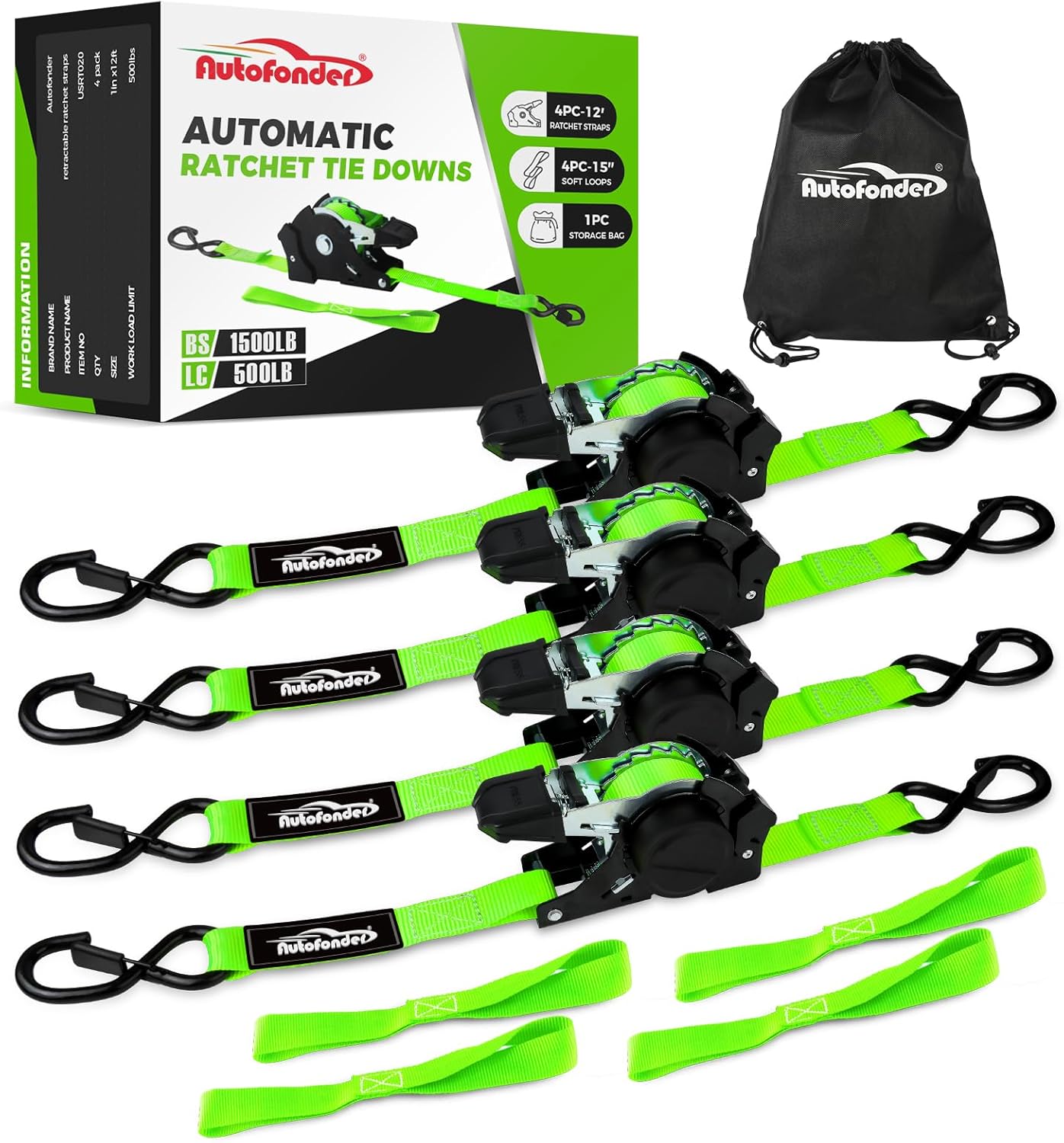 1 Inch x 12 Feet Retractable Ratchet Straps with Soft Loops