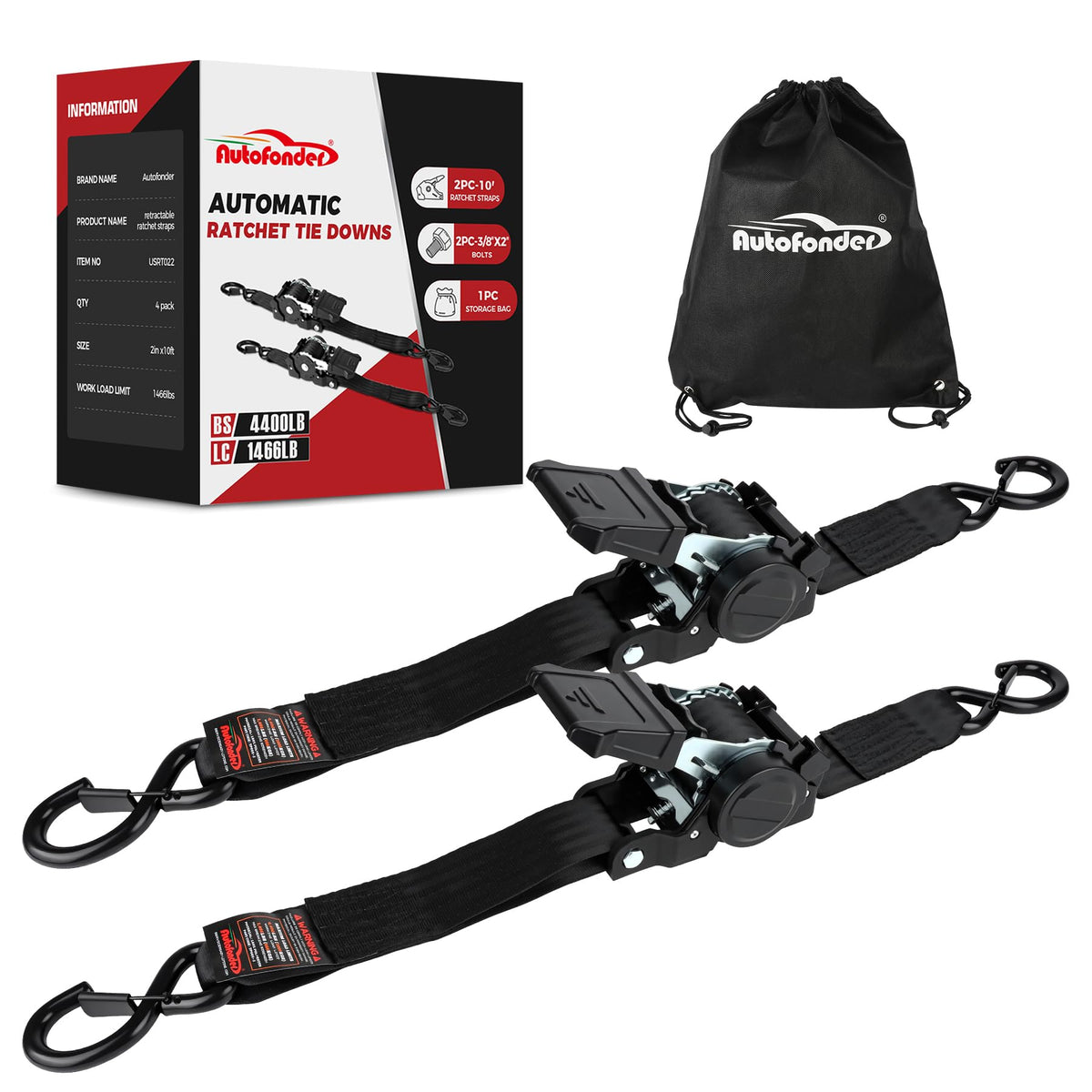 Retractable Ratchet Tie Down Straps 2"x10ft 2-Pack, 4,400lb Break Strength – image 1