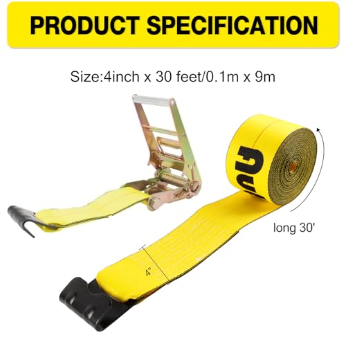 4"x30' Ratchet Tie Down Straps with Flat Hooks, 16,200lb Break Strength – image 4