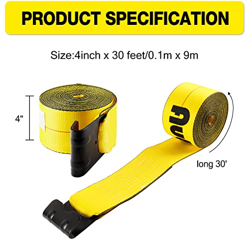 Autofonder 4" x30' Winch Straps with Flat Hook Flatbed Tie Downs Truck Straps 5,400lbs Load Capacity Cargo Control for Flatbeds, Trucks, Trailers, Farms, Rescues, Tree Saver, Yellow(4 Pack) – image 3