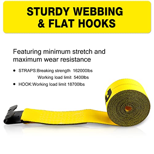 Autofonder 4" x30' Winch Straps with Flat Hook Flatbed Tie Downs Truck Straps 5,400lbs Load Capacity Cargo Control for Flatbeds, Trucks, Trailers, Farms, Rescues, Tree Saver, Yellow(4 Pack) – image 5