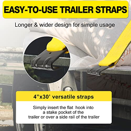Autofonder 4" x30' Winch Straps with Flat Hook Flatbed Tie Downs Truck Straps 5,400lbs Load Capacity Cargo Control for Flatbeds, Trucks, Trailers, Farms, Rescues, Tree Saver, Yellow(4 Pack) – image 8