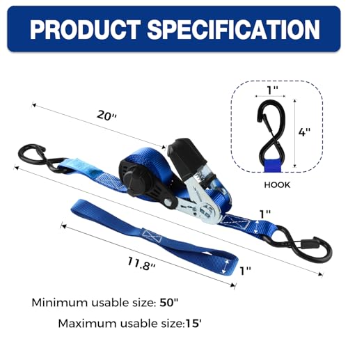 NeatStrap Ratchet Strap with Safety Lock Chromoly S Hooks-1,500lbs Break Strength-Motorcycle, Kayak Ratcheting Straps 1" x 15' Soft Loop Tie-Downs for Pickup Bed,Moving Truck,Trailer(4PK) – image 5