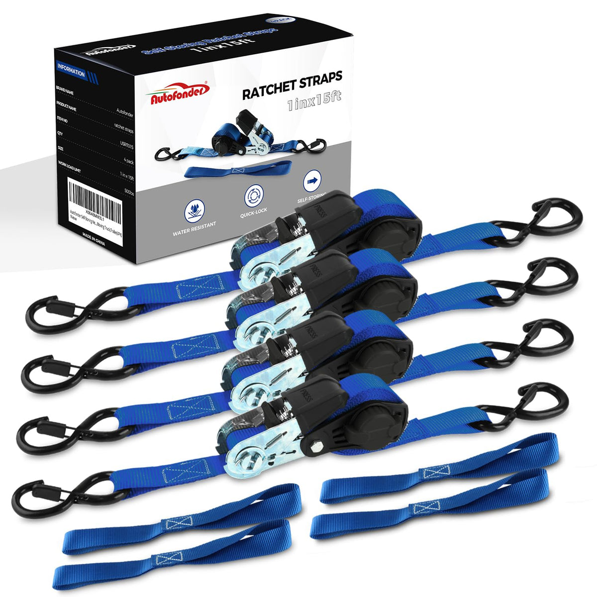 NeatStrap Ratchet Strap with Safety Lock Chromoly S Hooks-1,500lbs Break Strength-Motorcycle, Kayak Ratcheting Straps 1" x 15' Soft Loop Tie-Downs for Pickup Bed,Moving Truck,Trailer(4PK) – image 1