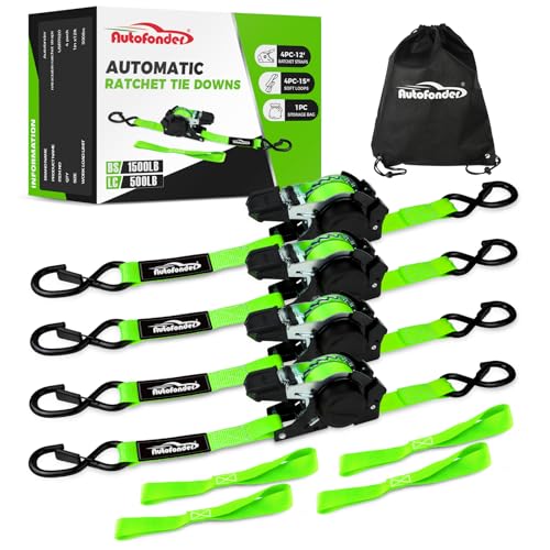 Autofonder Retractable Ratchet Straps (4-Pack) 1inx12ft Heavy Duty 1,500lb – image 2