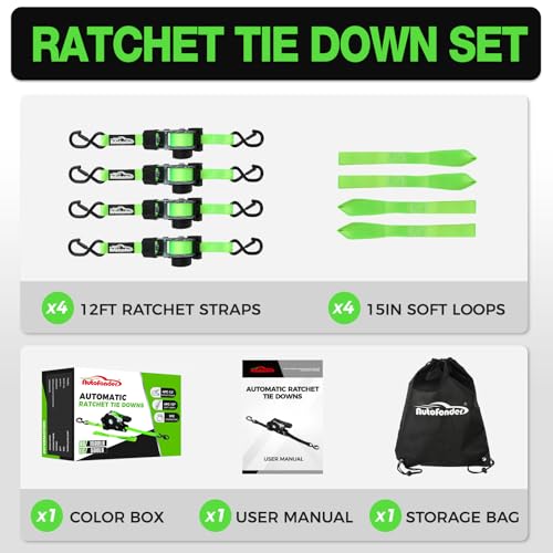 Autofonder Retractable Ratchet Straps (4-Pack) 1inx12ft Heavy Duty 1,500lb – image 7