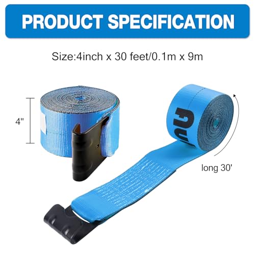Autofonder Winch Straps Flat Hook 4" x 30' Blue 4-Pack 16,200lbs Blue – image 3
