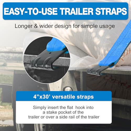 Autofonder Winch Straps Flat Hook 4" x 30' Blue 4-Pack 16,200lbs Blue – image 7