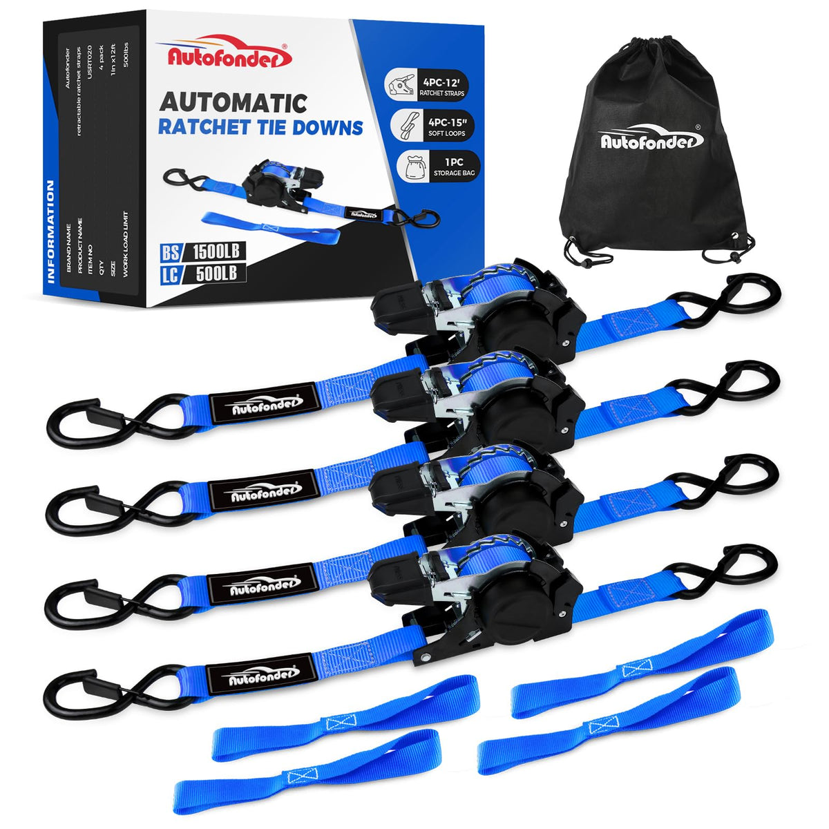 Autofonder Retractable Ratchet Straps (4 Pack) 1,500lb Heavy Duty 1inx12ft – image 1