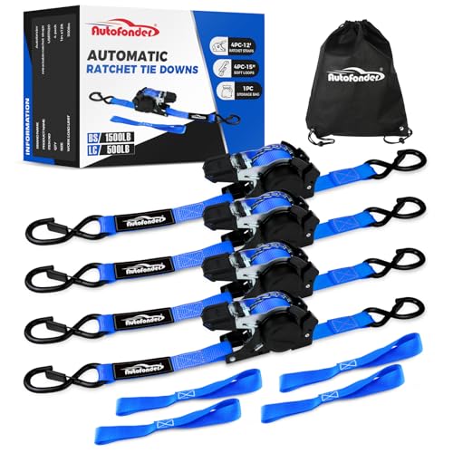 Autofonder Retractable Ratchet Straps (4 Pack) 1,500lb Heavy Duty 1inx12ft – image 2