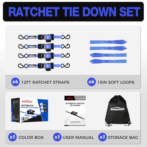 Autofonder Retractable Ratchet Straps (4 Pack) 1,500lb Heavy Duty 1inx12ft – image 7