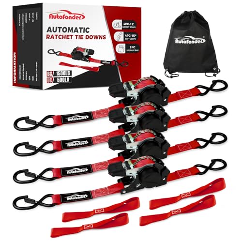 Autofonder Retractable Ratchet Straps (4 Pack) 1,500lb Heavy Duty 1inx12ft – image 2