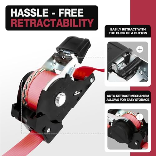 Autofonder Retractable Ratchet Straps (4 Pack) 1,500lb Heavy Duty 1inx12ft – image 4