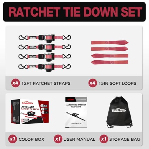Autofonder Retractable Ratchet Straps (4 Pack) 1,500lb Heavy Duty 1inx12ft – image 7