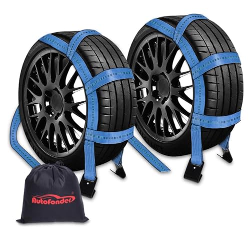 Autofonder 2Pc Tow Dolly Basket Straps with Flat Hook for 14"-17" Tires -10,000 lbs Breaking Strength Tire Bonnet&Tire Net -2” Over Wheel Car Basket Tie Down Straps with Carrying Bag（Blue） – image 2