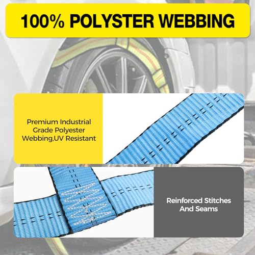 Autofonder 2Pc Tow Dolly Basket Straps with Flat Hook for 14"-17" Tires -10,000 lbs Breaking Strength Tire Bonnet&Tire Net -2” Over Wheel Car Basket Tie Down Straps with Carrying Bag（Blue） – image 3