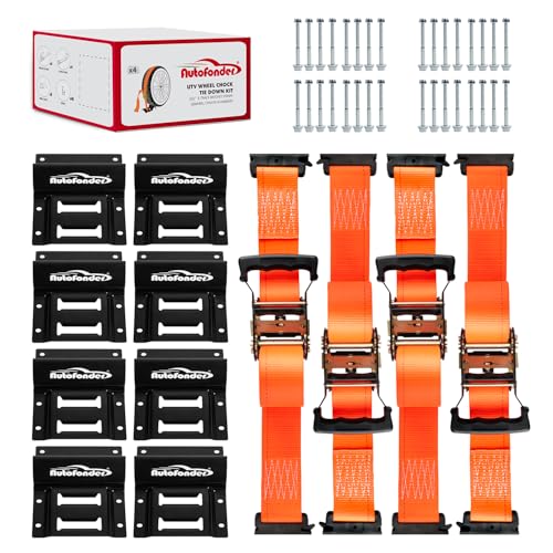 Wheel Chock Tie Down Kit (4500lb Break Strength) Heavy Duty Trailer Tire Straps System for ATV, UTV, Lawn Mower & More - Ratchet Tie Downs Accessories with E Track for Four Wheeler – image 2